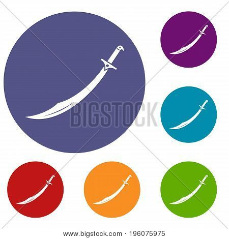Scimitar sword icons set in flat circle red, blue and green color for web