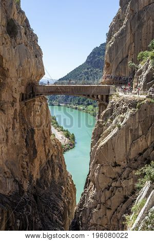 El Chorro Spain - May 31 2017: People at the hiking trail 'El Caminito del Rey' - King's Little Path former world's most dangerous footpath wich was reopened in May 2015. Ardales Malaga province Spain
