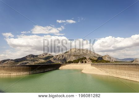 Water reservoir for the hydroelectric plant El Chorro near the town Alora. Province of Malaga Spain
