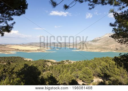 Water reservoir for the hydroelectric plant El Chorro near the town Alora. Province of Malaga Spain