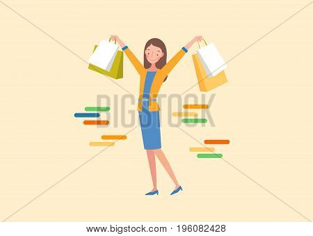 The woman is holding a shopping bag. Lifestyle concept illustration.