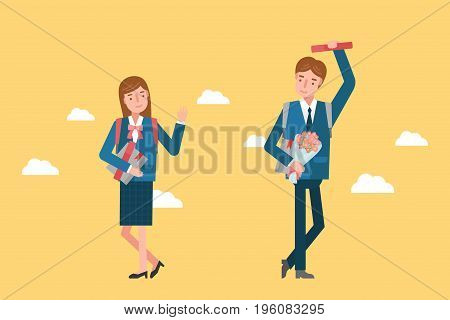 A girl and a boy are greeting each other, and They are wearing a school uniform.