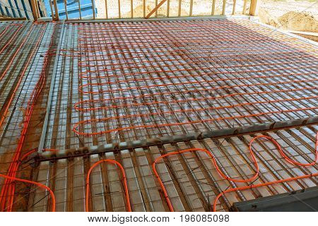 Modern Manual Laying Of Tuning Water Hydronic Gas Firing Conduit Supply On Metal Mesh Insulation Ind