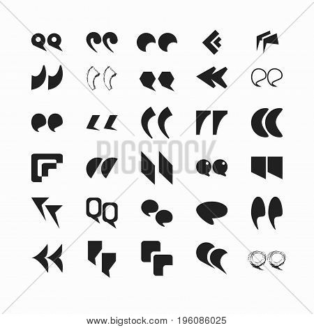 Quotation marks in various fonts black and white isolated flat vector illustrations set. Written sign for highlighting small sentence or whole phrase. Inverted commas in many shapes and designs.