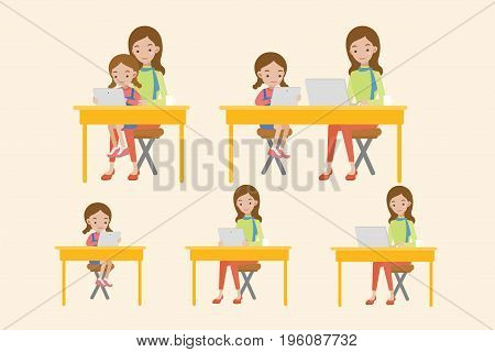 mother and daughter with laptop and tablet pc