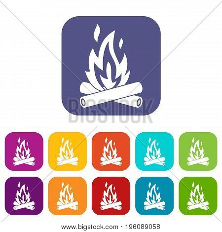 Campfire icons set vector illustration in flat style in colors red, blue, green, and other