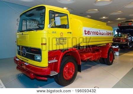 STUTTGART GERMANY- MARCH 19 2016: Fuel oil tank truck Mercedes-Benz LP 1513 1974. Mercedes-Benz Museum.