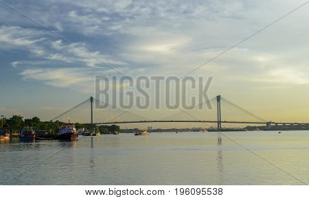 A landscape view from Babughat, Kolkata at the time of twilight.
