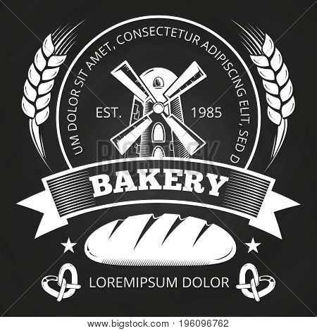 Bakery house or shop label design with bread, mill and wheat - bakery emblem on blackboard. Vector illustration