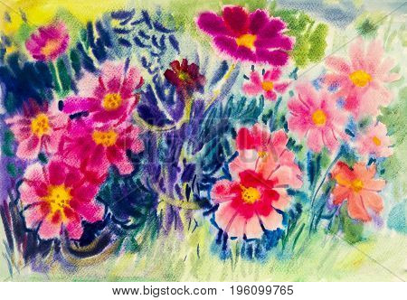 Abstract watercolor original painting colorful of mexican diasy flowers and emotion in green leaves background.