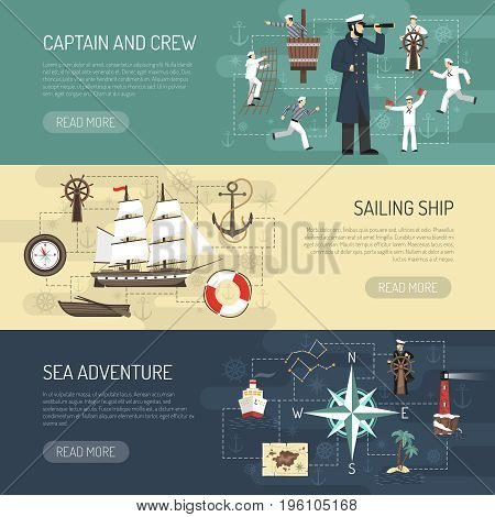 Sailing ship history captain crew and sea adventure information 3 horizontal banners webpage design isolated vector illustration