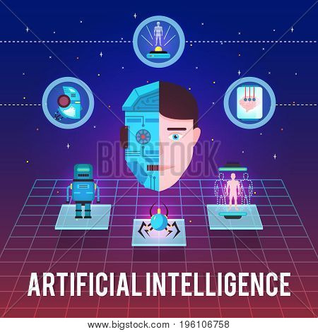 Artificial intelligence illustration with cyborg face hi-tech icons and robotic figures on stellar background vector illustration