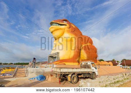 YASOTHON THAILAND - JULY 9 : Big toad statue at Phaya Thaen Public Park on July 9 2017 in Yasothon Thailand. This is a new public landmark of Yasothon province