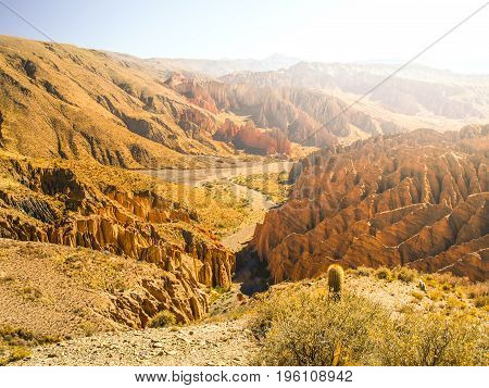 Landscape around Quebrada de Palala Valley with eroded spiky rock formations, El Sillar pass near Tupiza, Bolivia, South America.