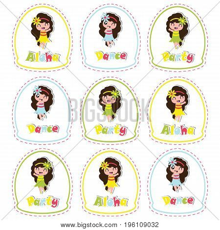 Aloha birthday cupcake topper with cute hawaiian girl on frame vector cartoon for birthday party cupcake topper and sticker set