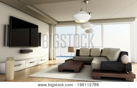 Modern 4K smart TV room with large windows and parquet floor. 3D illustration.
