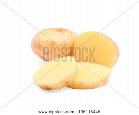 Beautiful uncooked potatoes isolated over the white background. Tasteful autumn vegetables full of vitamins. Organic ingredients for delicious dinner and nutritious snacks.