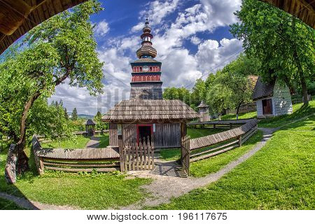 The Greek Catholic wooden church of the Protection of the Most Holy Mother of God from Mikulasova in Saris museum in Bardejov Slovakia