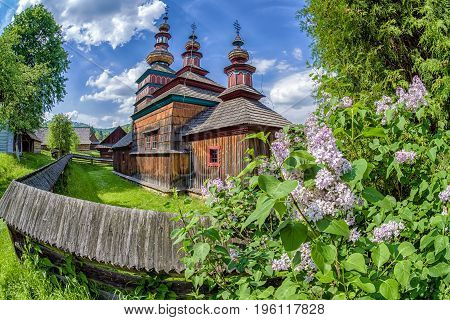The Greek Catholic wooden church of the Protection of the Most Holy Mother of God from Mikulasova in Saris museum in Bardejov Slovakia