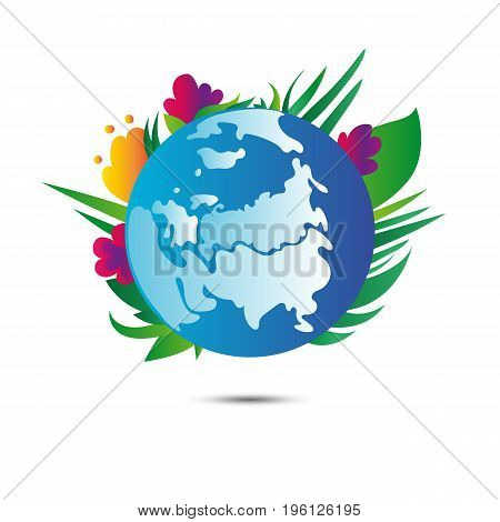 Earth planet with flowers on white background. Earth day. Vector.
