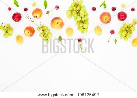 Colorful Fruits Assorted. Healthy Fresh Fruit Background With Garpes, Plum, Nectarine, Peach, Aprico