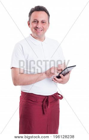 Happy Butcher Doing The Checklist On Tablet