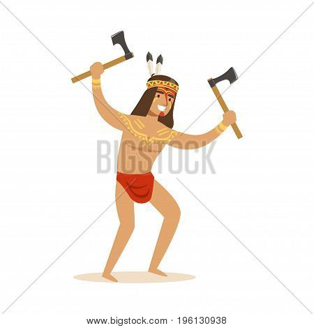Native american indian in loincloth standing with two tomahawks vector Illustration isolated on a white background