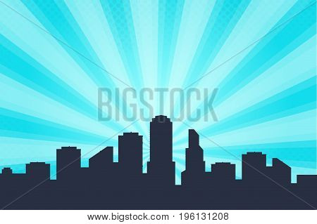 Comic book style background, big city skyline outlines. Silhouette of a beautiful cityscape in the background of a beautiful sunrise. Vector illustration