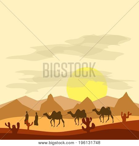 Caravan of camels in the desert Bedouins lead camels through the desert. Flat design vector illustration vector.