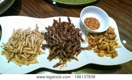 traditional chinese food with fried insects hoppers worms and bees on a white rectangular dish with spicy chili pepper