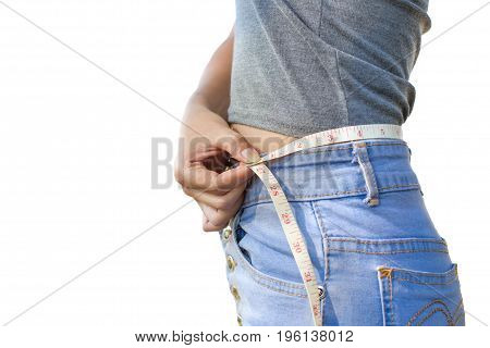 Slim and firm women model showing her shape close up on white background.