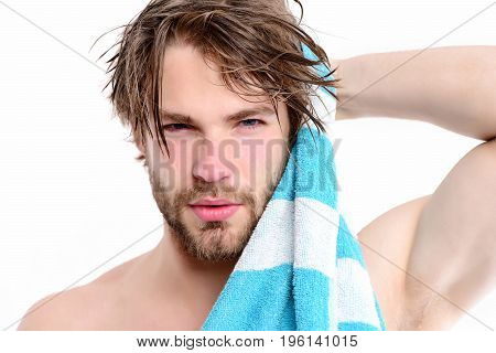 Strength And Sportive Shape Idea. Macho With Striped Towel