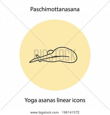 Paschimottanasana yoga position linear icon. Thin line illustration. Yoga asana contour symbol. Vector isolated outline drawing