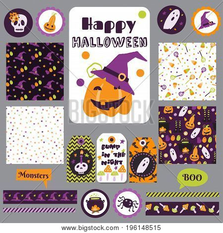 Set Halloween Printable Cards, Banners, Stickers And Notes With Cartoon Cute Pumpkins, Ghosts, Witch