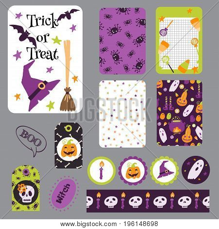 Set Halloween Printable Cards, Banners, Stickers And Notes With Cartoon Cute Pumpkins, Ghosts, Witch