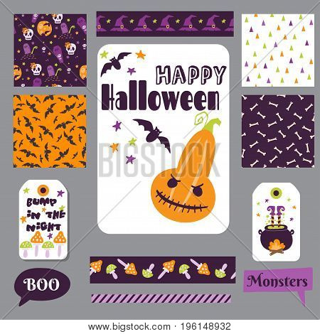 Set Halloween Printable Cards, Banners, Stickers And Notes With Cartoon Cute Pumpkins, Ghosts, Witch