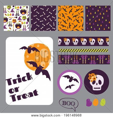 Set Halloween Printable Cards, Banners, Stickers And Notes With Cartoon Cute Pumpkins, Ghosts, Witch