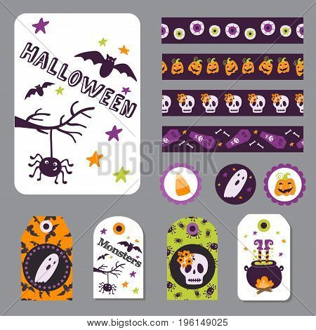 Set Halloween Printable Cards, Banners, Stickers And Notes With Cartoon Cute Pumpkins, Ghosts, Witch