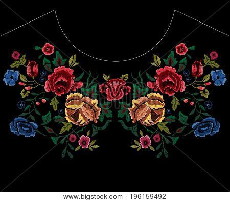 Embroidery botanic neckline pattern with red and blue roses. Vector embroidered floral bouquet sketch with flowers for clothing design.