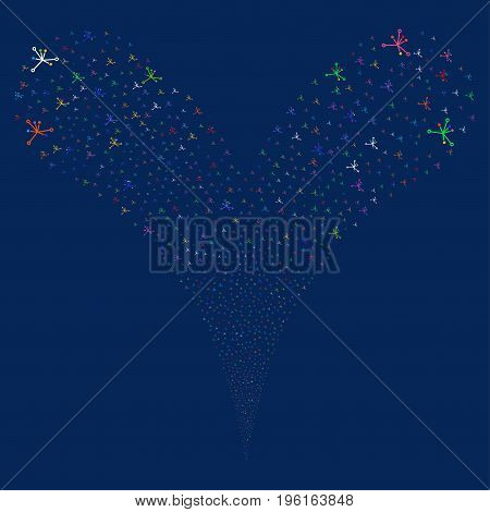 Big Bang explosive stream. Vector illustration style is flat bright multicolored iconic big bang symbols on a blue background. Object fountain organized from random icons.