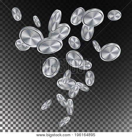 Silver Coins Rain Vector. Realistic Silver Coins Explosion Falling Down. Transparent Background. Symbol Wealth, Profit. Cash Winning Prize Money Concept