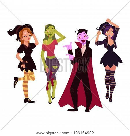 People in Halloween party costumes - witch, zombie, vampire, dracula, cartoon vector illustration isolated on white background. Friends dressed for Halloween - witch, zombie, dracula