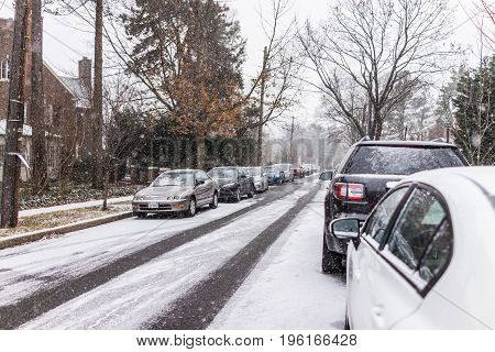 Washington Dc, Usa - January 7, 2017: Winter Snow Storm On Street With Parked Cars