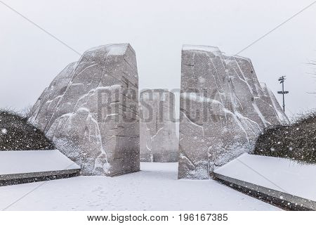 Washington Dc, Usa - January 7, 2017: Winter Snow Storm With Martin Luther King Jr. Memorial