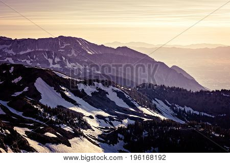 Dusk in in the Mountains at Snowbird Ski and Summer Resort Little Cottonwood Canyon Utah.