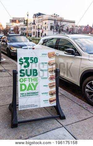 Washington DC USA - February 5 2017: Subway fast food restaurant sub of the day sign on Dupont circle