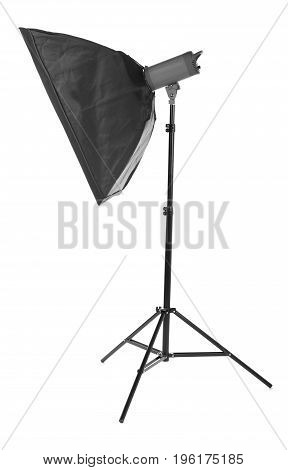 Studio lamps, isolated on the white background. Black stripsoft box. Proffesional photo studio equipment. Flash with soft-box. Studio lighting.  Outbreak.
