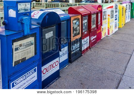 Washington DC USA - February 5 2017: Newspaper kiosks vending machines on Dupont Circle