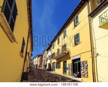 San Leo Italy - June 18 2017: Street of the medieval village. The most beautiful small town in Italy.