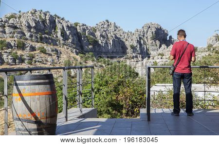 Antequera Spain - July 14 2017: visitor close to Interpretive Centre at Torcal Natural Park Malaga Spain